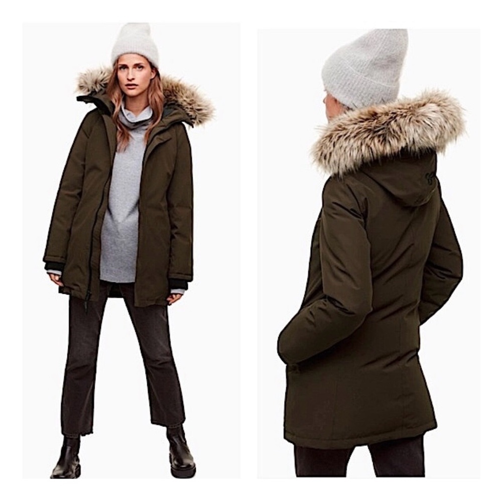 Aritzia Dark Green Parka with Faux Fur Hood
